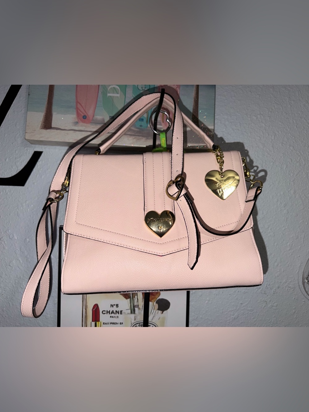 Betsey Johnson Pink Satchel Handbag 
with Heart Charms